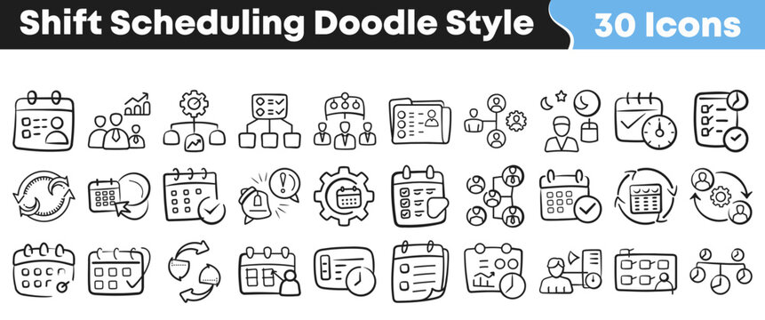 Hand drawn set of thirty shift scheduling doodle style icons
