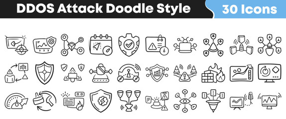 Hand drawn doodle style icons representing cyber ddos security attacks © Vectoravec