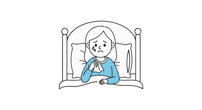 Minimalist cartoon line art of a sad young girl crying in bed, holding a tissue with visible tears on her face, representing themes of loneliness, depression, heartbreak, or illness.