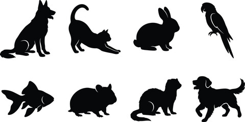 Fototapeta premium Pets silhouettes set of domestic animals including dog cat rabbit and parrot isolated on white background