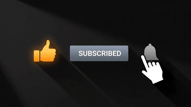 Animated hand cursor clicking like and subscribe buttons on a dark background for social media channel engagement