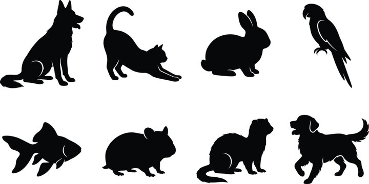 Pets silhouettes set of domestic animals including dog cat rabbit and parrot isolated on white background