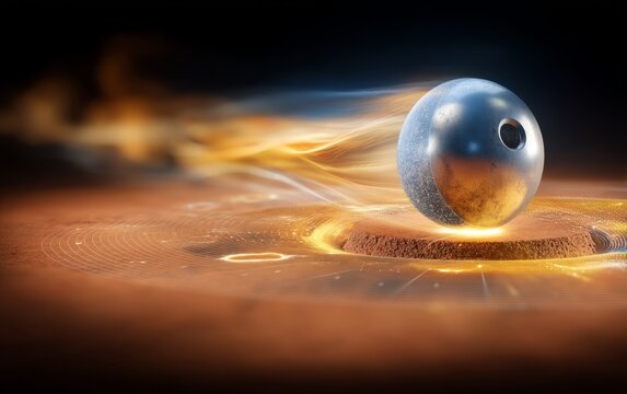 Chrome Plated Metallic Bocce Ball Hovering on Glowing Circular Base