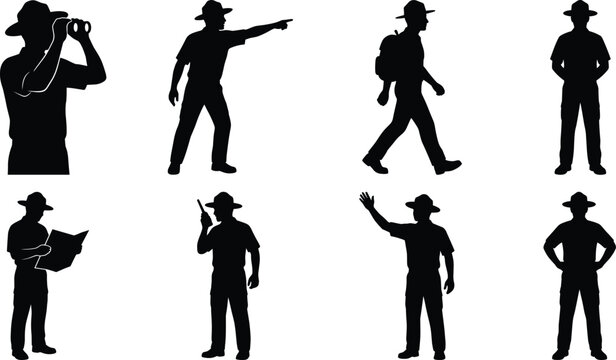 Park ranger silhouettes set of forest officers in uniform working and patrolling isolated on white background