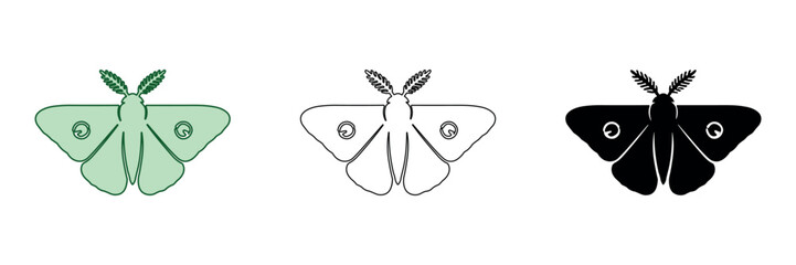 Three stylized luna moth illustrations in green, outline, and black silhouette © Ophelia