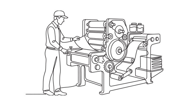 A male printer operator working on a large industrial offset printing machine.