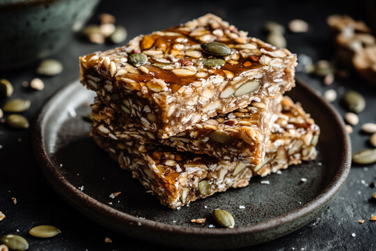 Coconut honey snack bars with pumpkin seeds on a dark ceramic plate. Cinematic food photography with warm amber highlights