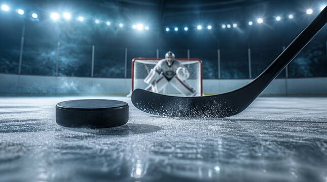 Ice hockey puck, stick and player in arena for match, competitive game and professional sport. Goalie, net and ice rink with lights, athletic movement and championship for stadium team winning