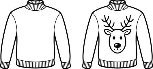 Blank sweater template and Christmas ugly sweater coloring page with reindeer line art illustration isolated on white background © Mucha