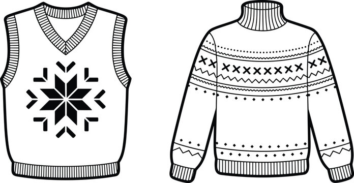 Christmas ugly sweater and vest coloring page featuring snowflake and nordic fair isle geometric pattern line art illustrations