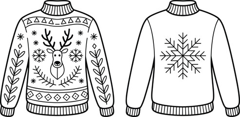 Christmas ugly sweater coloring page template featuring front and back view with reindeer and snowflake line art illustrations © Mucha