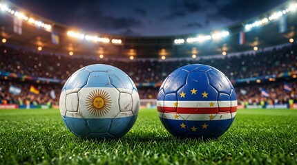Obraz premium Argentina vs Cape Verde Soccer Match Concept – Two Footballs with National Flags on Green Grass Pitch in a Blurred Stadium at Night