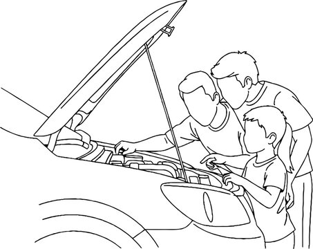 Family inspecting car engine under open hood.