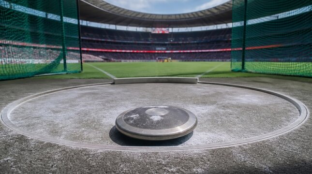 Discus, athletics and stadium with throwing circle for track and field, competition and professional sports. Athlete, olympics and training in arena with championship, power and global records goal.