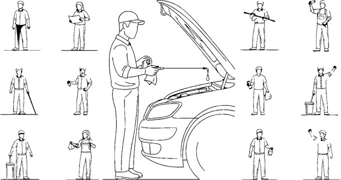 Mechanic inspecting car engine with open hood.