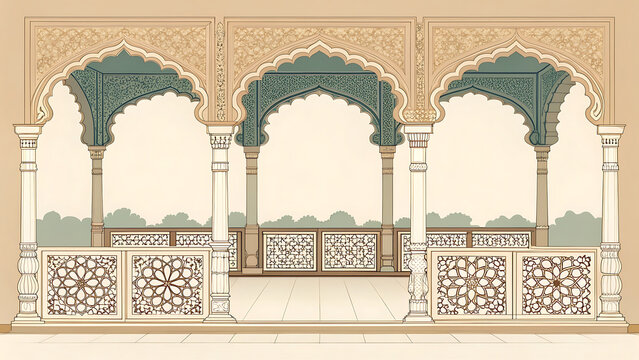 Mughal marble balcony with intricate jaali railing and graceful arches, clean vector illustration, limited colors, premium minimal style