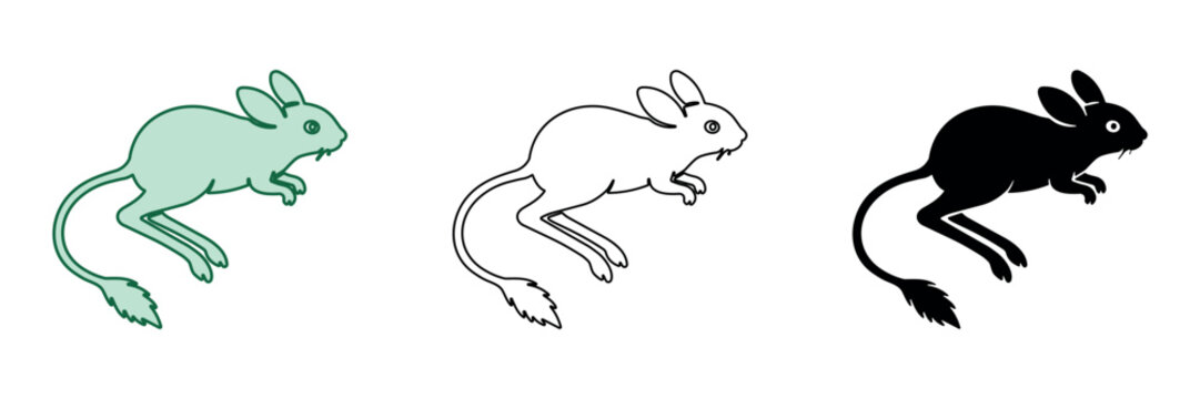 Stylized illustration of a jumping jerboa in three distinct artistic styles
