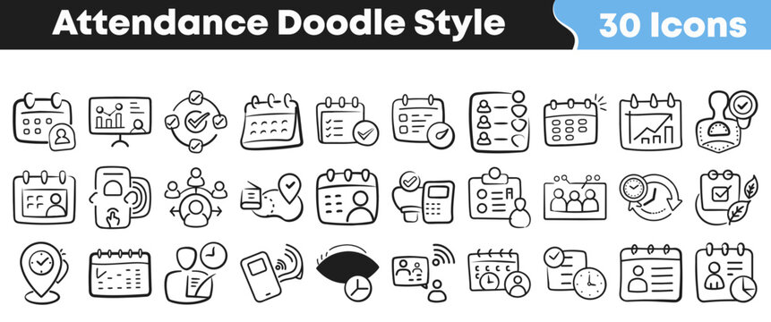 Hand drawn collection of thirty different attendance tracking doodle icons