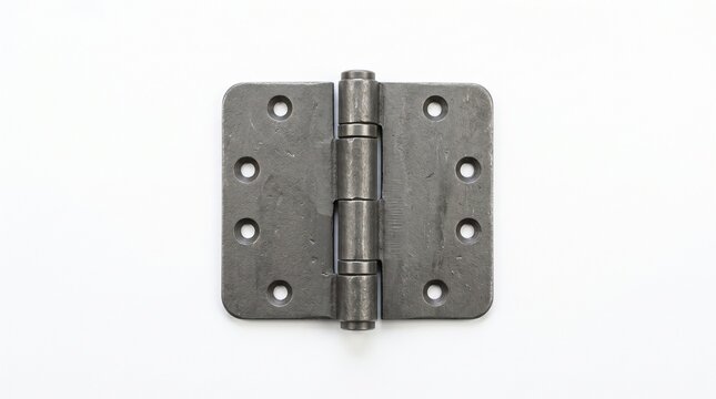 A closeup of a heavyduty metal door hinge isolated on white background