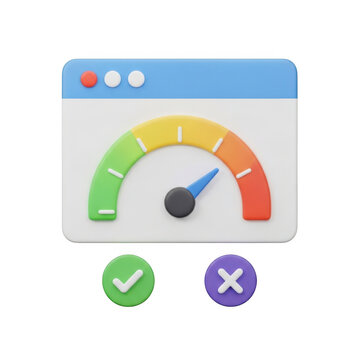 Performance gauge with checkmark and kudos icons in digital interface isolated on transparent background