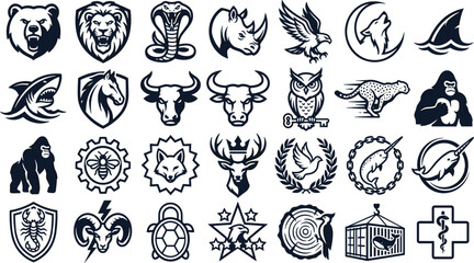Wild Animals and Sports Mascot Badge Logo Icon Set with Aggressive Lion Bear Shark Eagle Wolf Bull and Cobra Vector Branding Design Elements © salsabil