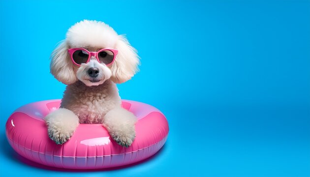 white poodle sitting in pink pool float with sunglasses on blue summer banner