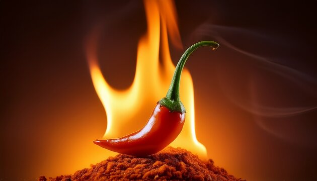 small chili pepper in flames on warm background close up of spicy hot pepper with glowing fire and intense heat vibrant fiery concept with dramatic contrast