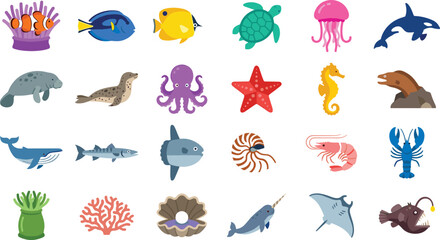 Sea Animals and Marine Life Flat Icon Set with Whale Octopus Sea Turtle Jellyfish Starfish Lobster Coral and Ocean Wildlife Vector Illustrations © salsabil