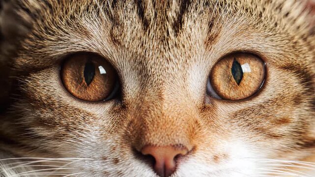 Extreme close-up of a domestic cat's striped face, amber eyes, and whiskers as it gazes directly at the viewer.