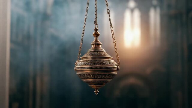 Brass thurible swinging with incense smoke in a gothic cathedral