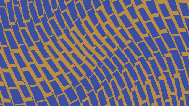 Abstract background with distorted grid of rectangles in blue and gold colors creating rhythmic perspective for contemporary visual graphic design.