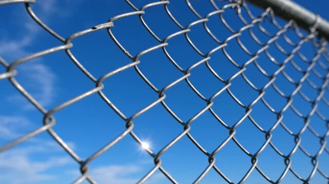A close up view of chain link fence against a vibrant blue sky with soft white clouds, symbolizing boundaries and security.