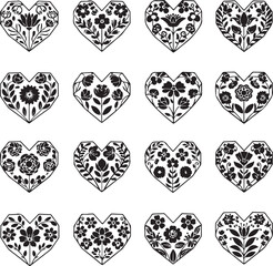 Fototapeta premium Black and white heart shapes with floral patterns on white background