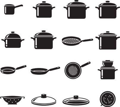 Black and white kitchen cooking utensils icons on white background