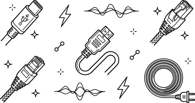 USB Type C Ethernet Network Cable HDMI Connector Power Wire Line Icon Set