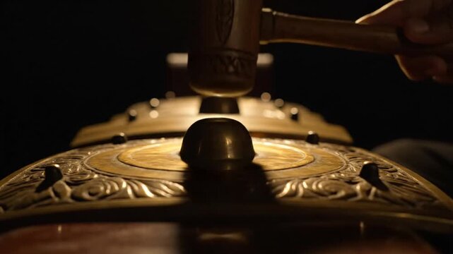 Close up of hand playing traditional Indonesian gamelan bonang instrument with mallet.