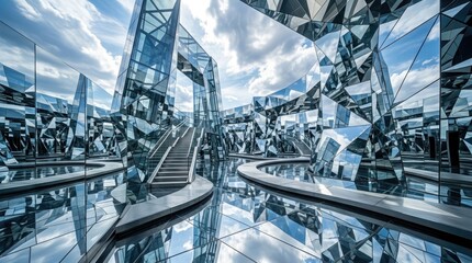 Fototapeta premium A person walks up a staircase within a mesmerizing mirrored structure. The building’s exterior reflects a cloudy sky and surrounding landscape, creating an infinite array of distorted perspectives.