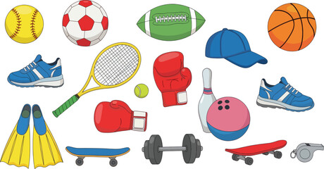 Fototapeta premium A collection of various sports equipment and accessories are arranged on a white background.