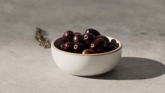 A bowl of dark Kalamata olives and a sprig of thyme slide smoothly across a textured grey surface, cast in dramatic shadows under bright, direct light.