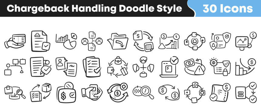 Set of thirty hand drawn doodle style chargeback handling icons