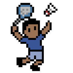 Fototapeta premium Pixel art illustration of a badminton player hitting a shuttlecock smash action