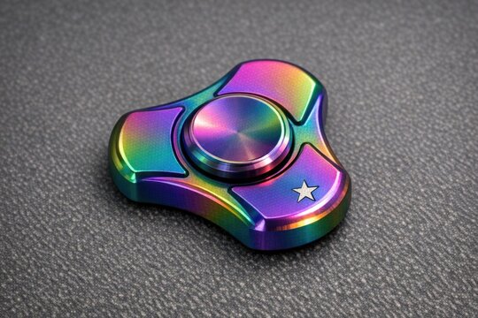A vibrant fidget spinner perched on a table, ready for use