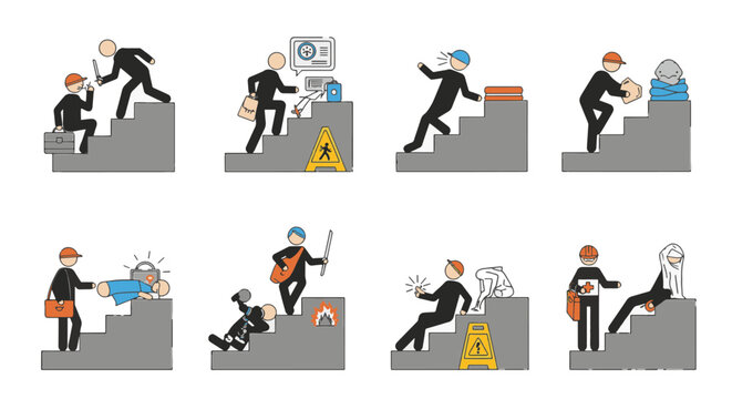 Vector stick figure icons illustrating workplace safety hazards on stairs, including slips, falls, distracted walking, medical emergencies, theft, and fire safety protocols.