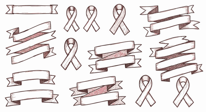 Large collection of hand-drawn vintage ribbons, banners, and awareness loops with cross-hatched shading. Set of isolated decorative scrolls and textile loops in dark red ink.