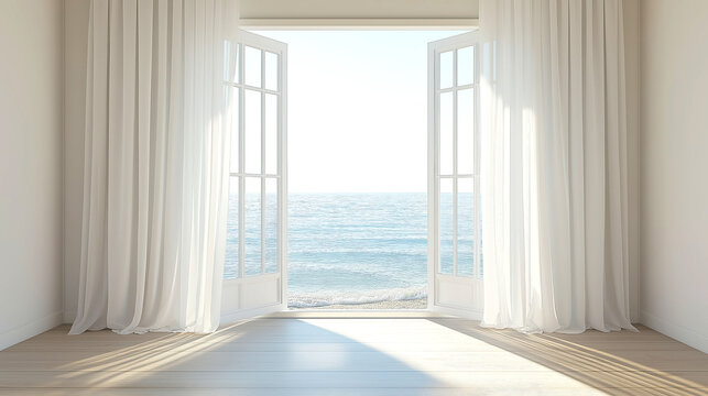 Minimalist Coastal Room with Open Doors and Ocean View