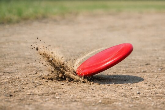 A bright red frisbee lying on a natural dirt field, perfect for outdoor activities or sporting events