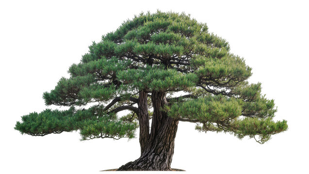 Mature pine tree with thick gnarled trunk and lush green foliage, isolated on transparent background