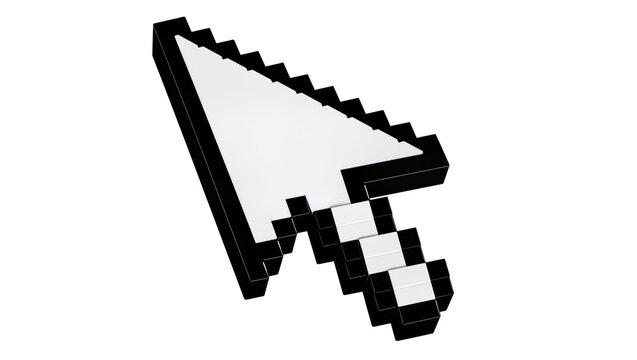 Pixelated white computer mouse cursor arrow isolated on transparent background