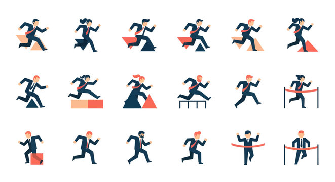 Businessman running various obstacles course.