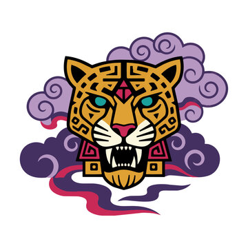 Stylized ancient Aztec jaguar head with geometric patterns and purple smoke clouds on a white background cultural heritage concept
